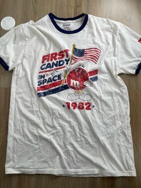 Vintage M&M's First Candy In Space 1982 Ringer T-Shirt White Blue Large
